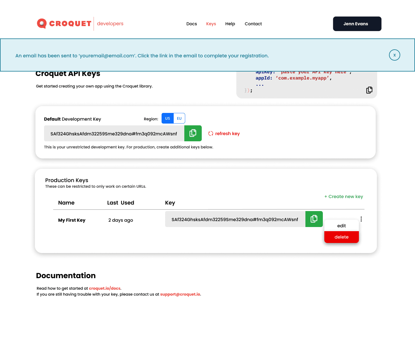 API Key Management Screen