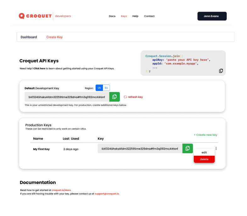 Croquet developer API key management dashboard