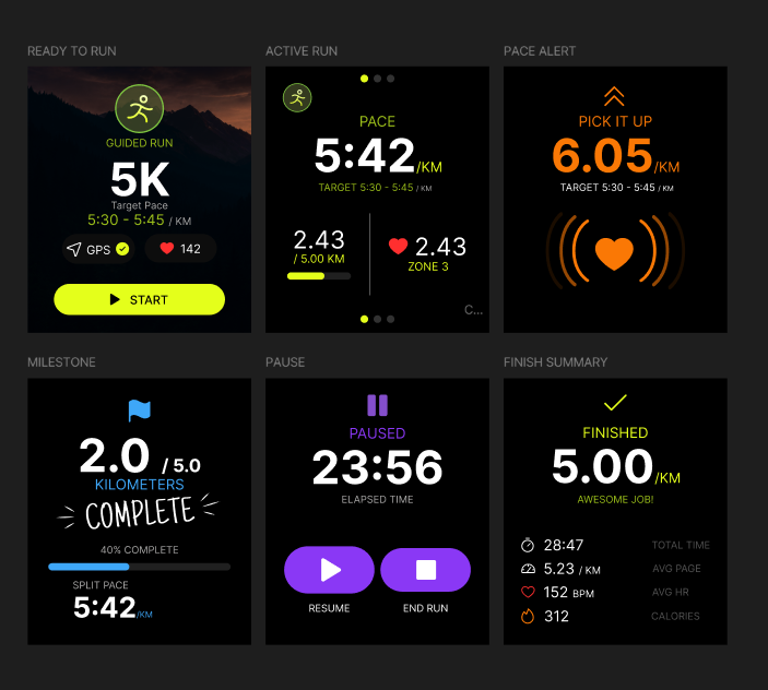 Guided 5K workout watch interface states