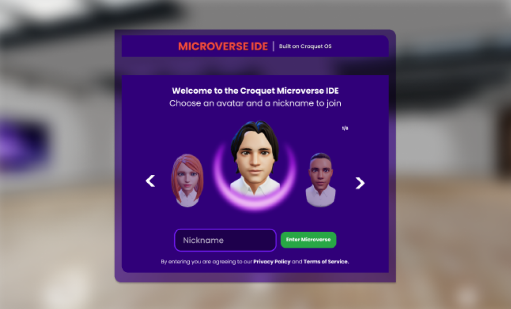 Croquet Microverse avatar selection and onboarding